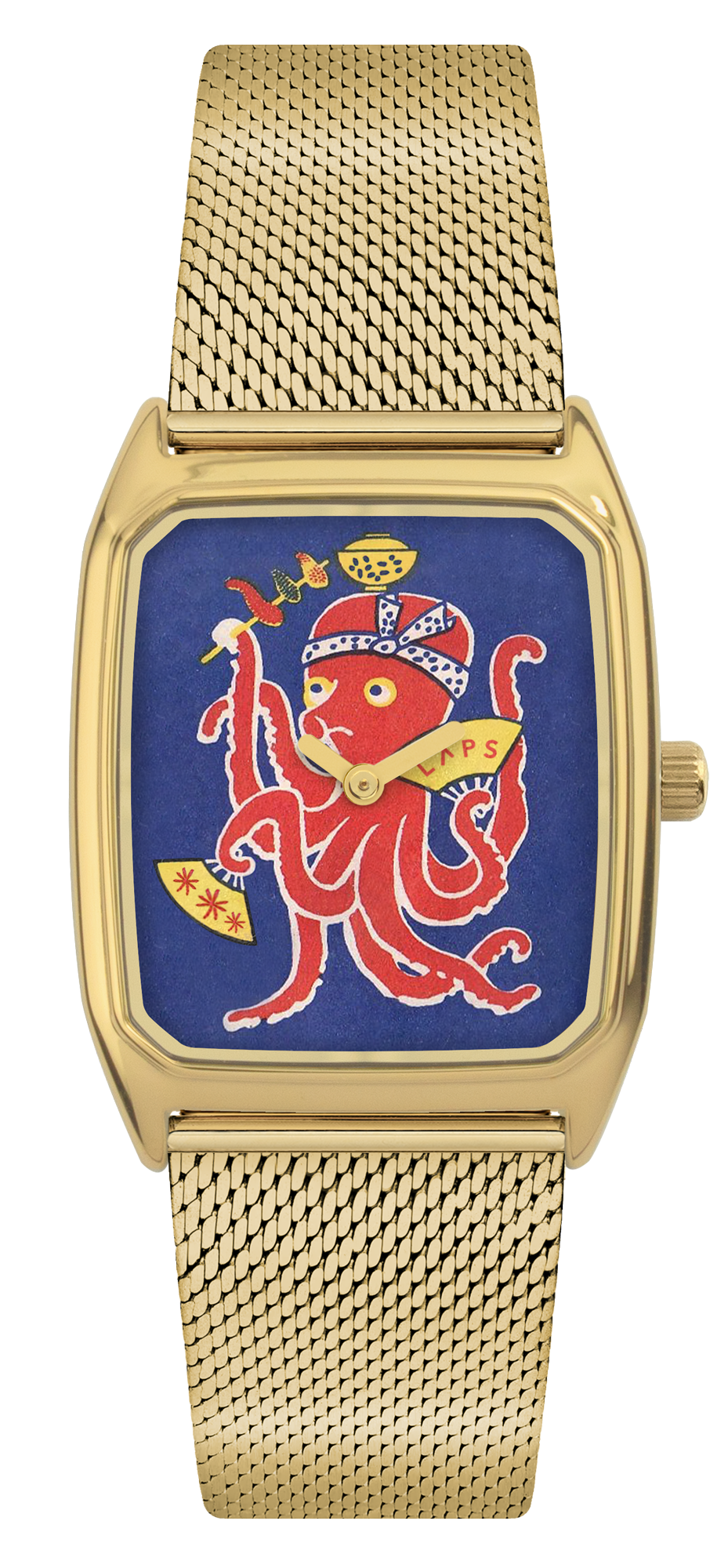 Montre LAPS dorée, cadran tirage d'art Polpo et bracelet en maille mesh dorée
