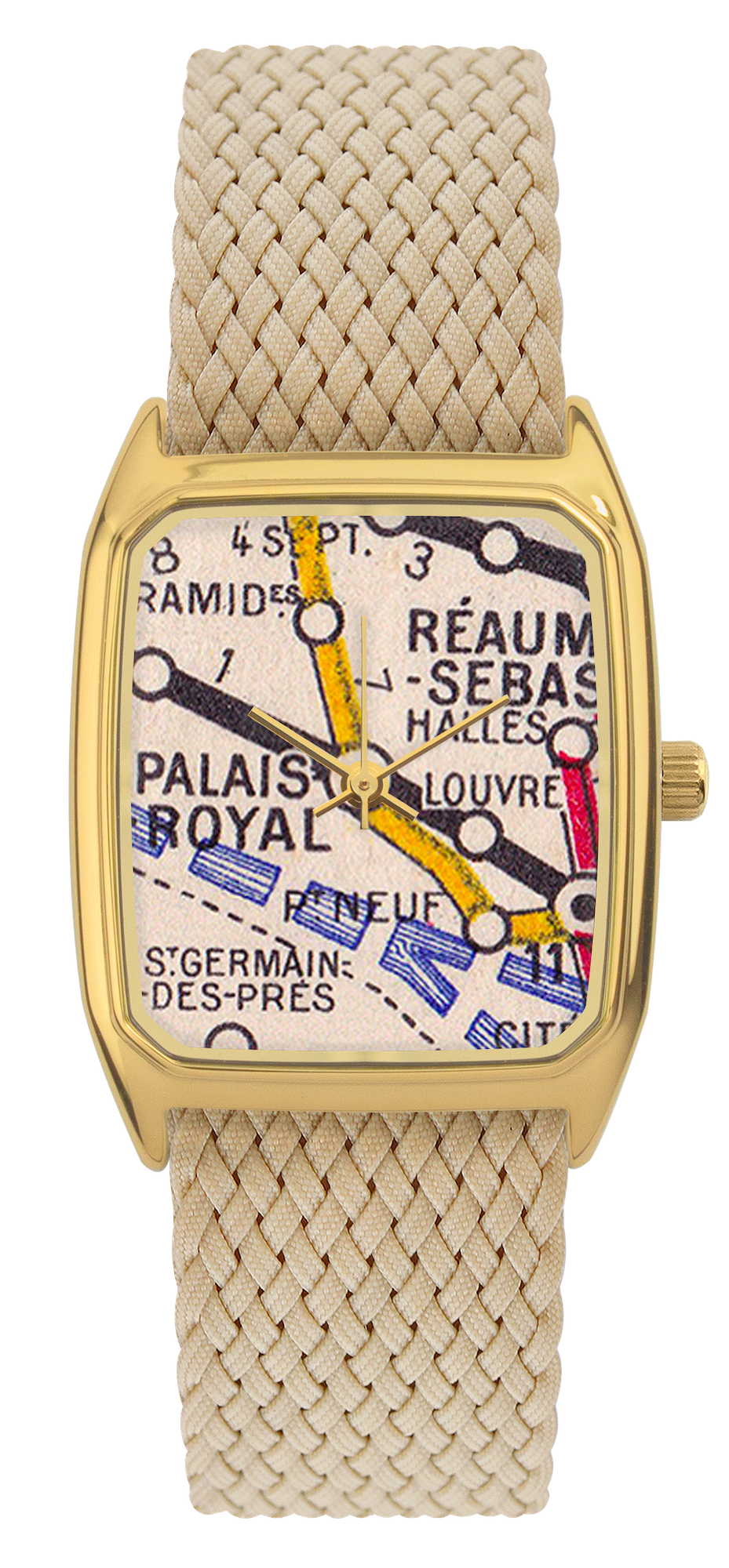 Montre LAPS dorée, cadran tirage d'art Métro Palais Royal et bracelet en perlon beige