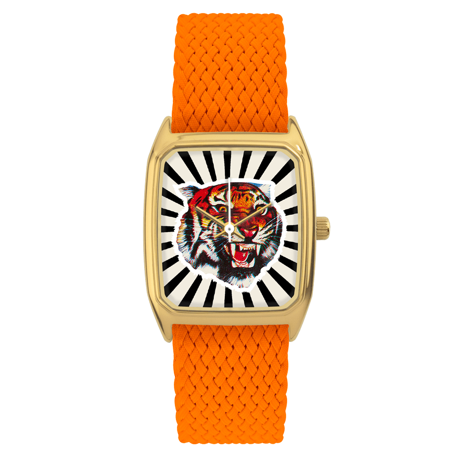 Rectangular Women's Watch, LAPS, Signature Bengal Black Model with Perlon Orange Strap