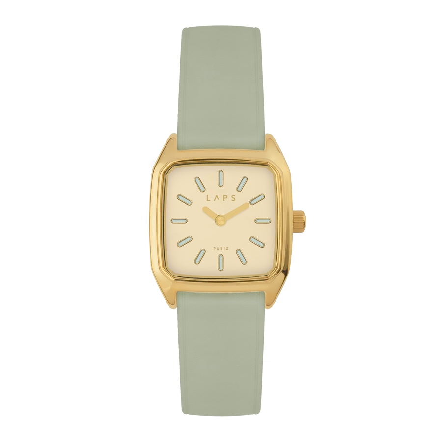 Square Women's Watch, LAPS, Prima Bobby Beige Model with Leather Mint Strap