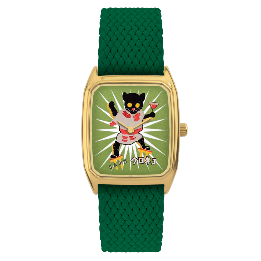 Rectangular Women's Watch, LAPS, Signature Kanpai Model with Perlon Green Strap