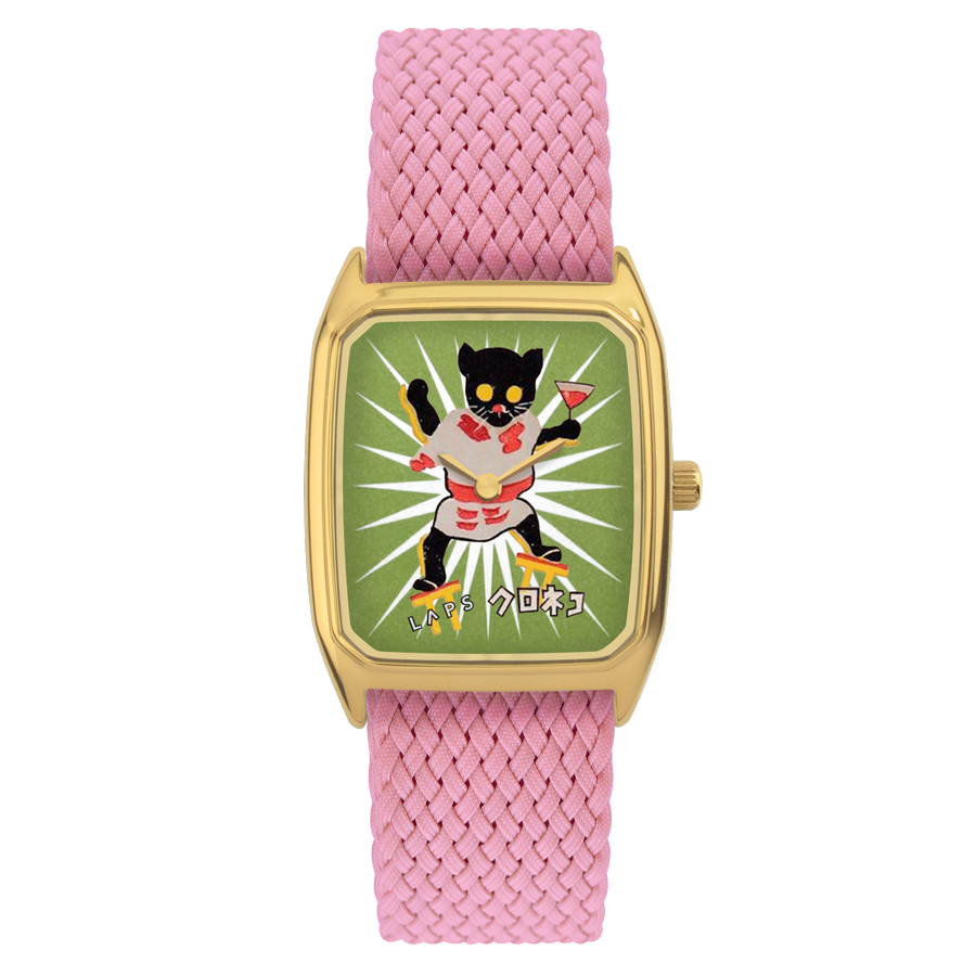 Rectangular Women's Watch, LAPS, Signature Kanpai Model with Perlon Pink Strap