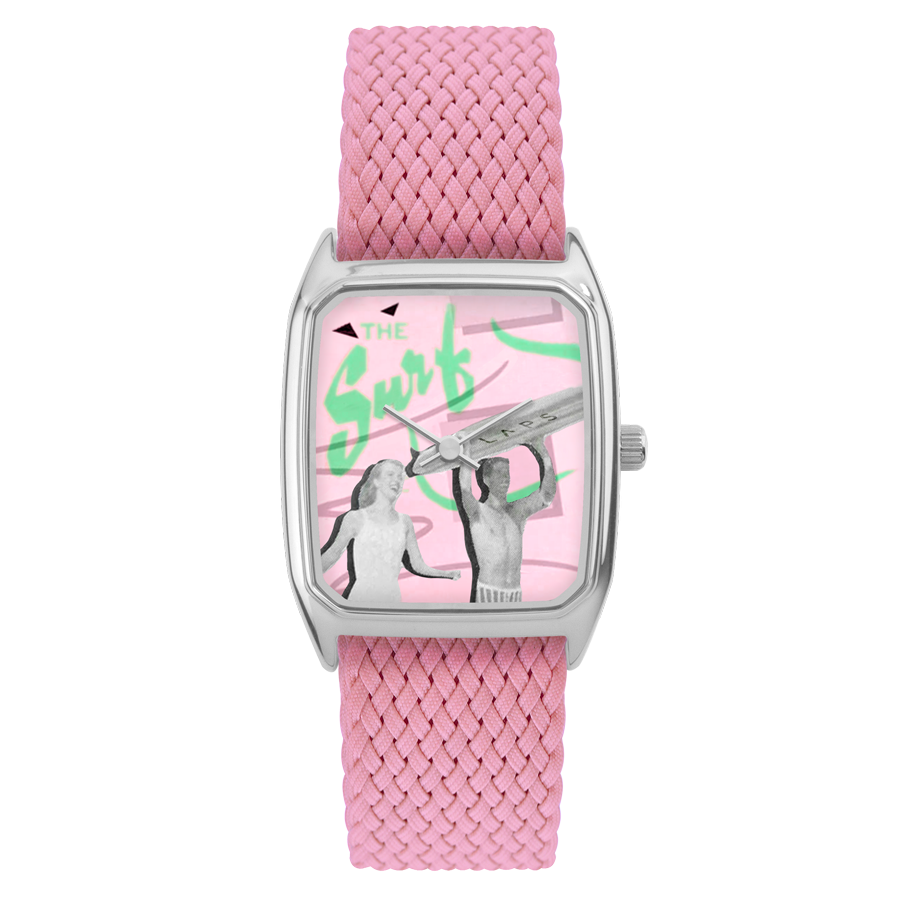 Rectangular Women's Watch, LAPS, Signature Malibu Model with Perlon Pink Strap