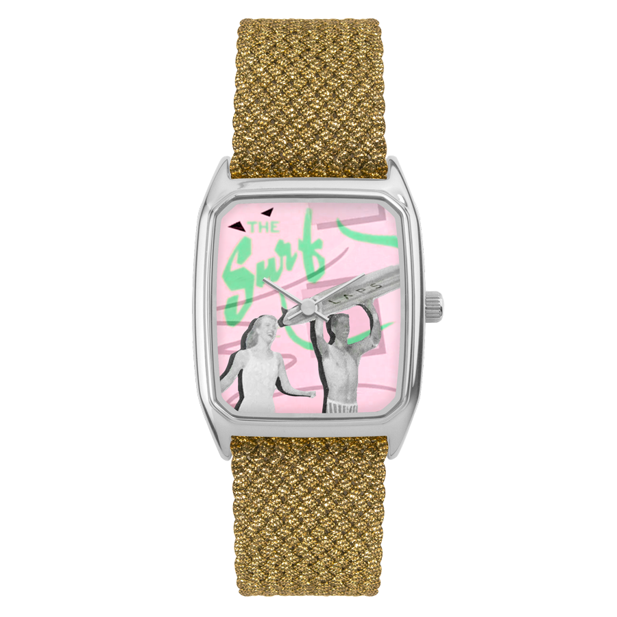 Rectangular Women's Watch, LAPS, Signature Malibu Model with Perlon Gold Strap