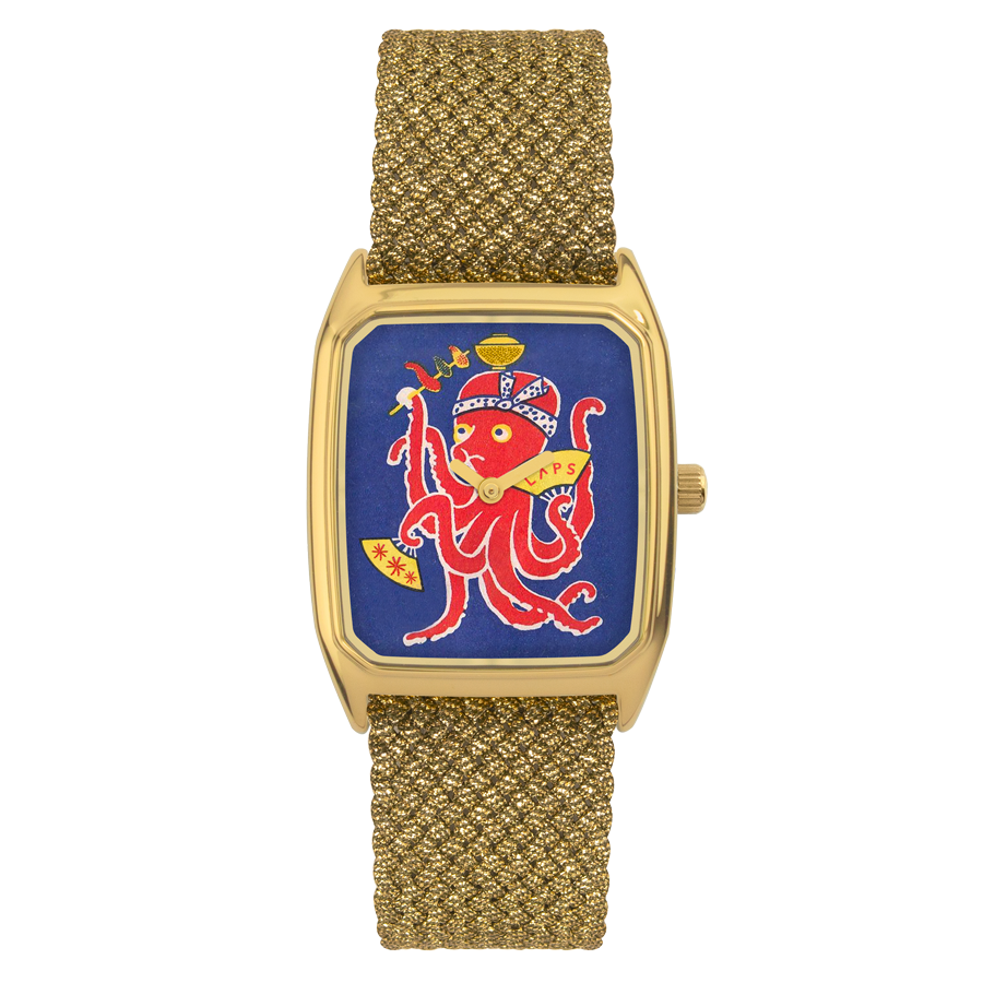 Rectangular Women's Watch, LAPS, Signature Polpo Model with Perlon Gold Strap