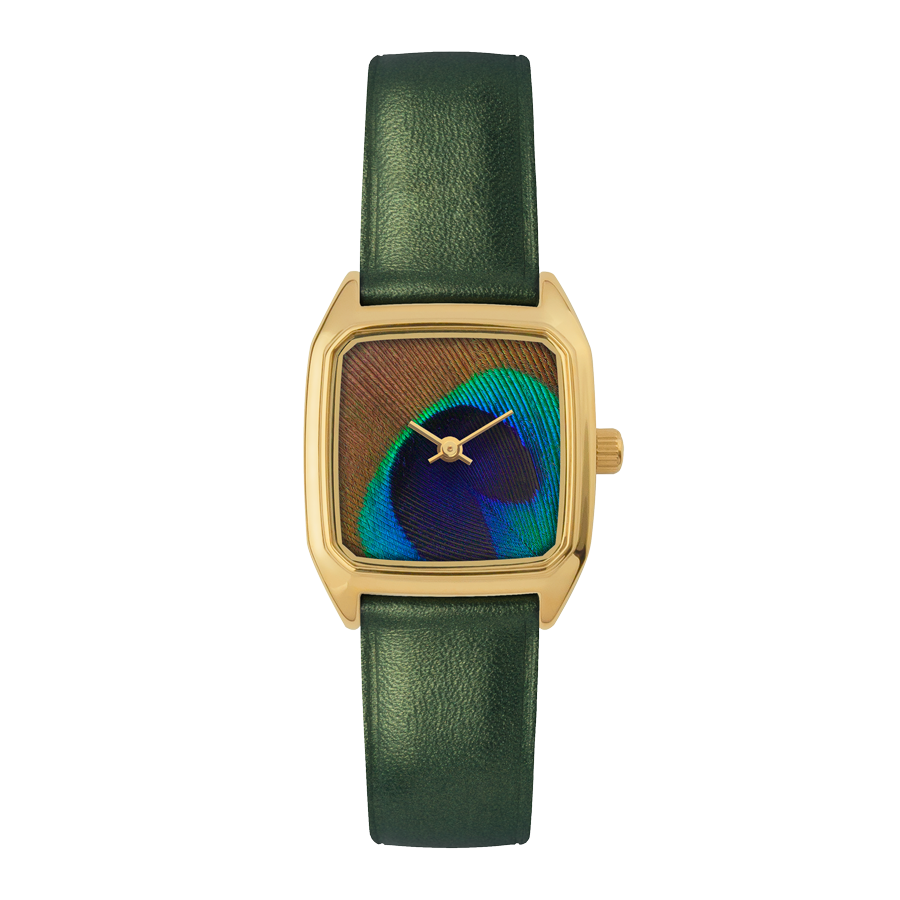 Square Women's Watch, LAPS, Prima Peacock Gold Model with Leather Hummingbirds Strap