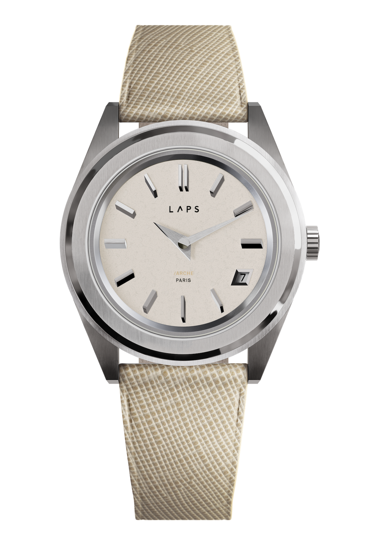 Montre LAPS Arche cadran texturé ivoire et bracelet cuir saffiano crème