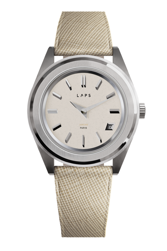 Montre LAPS Arche cadran texturé ivoire et bracelet cuir saffiano crème