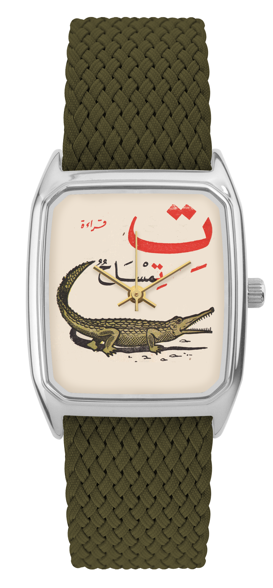 Montre LAPS argentée, cadran tirage d'art Croco et bracelet en perlon vert