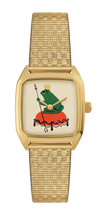 Montre LAPS Froggy dorée, cadran tirage d'art, bracelet en maille damier dorée