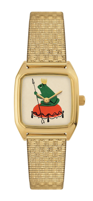 Montre LAPS Froggy dorée, cadran tirage d'art, bracelet en maille damier dorée