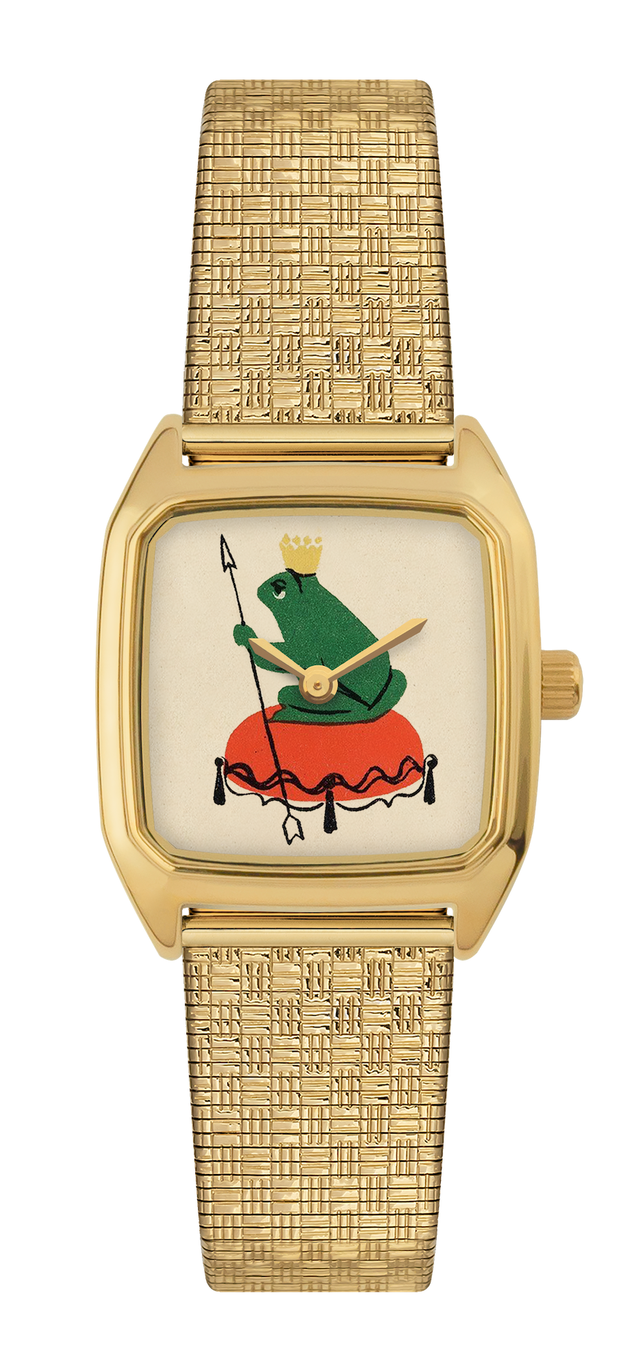 Montre LAPS Froggy dorée, cadran tirage d'art, bracelet en maille damier dorée
