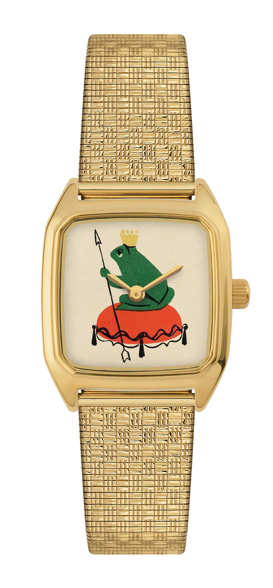 Montre LAPS Froggy dorée, cadran tirage d'art, bracelet en maille damier dorée