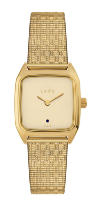 Montre LAPS Oria dorée à cadran laqué couleur ivoire et bracelet en maille damier dorée
