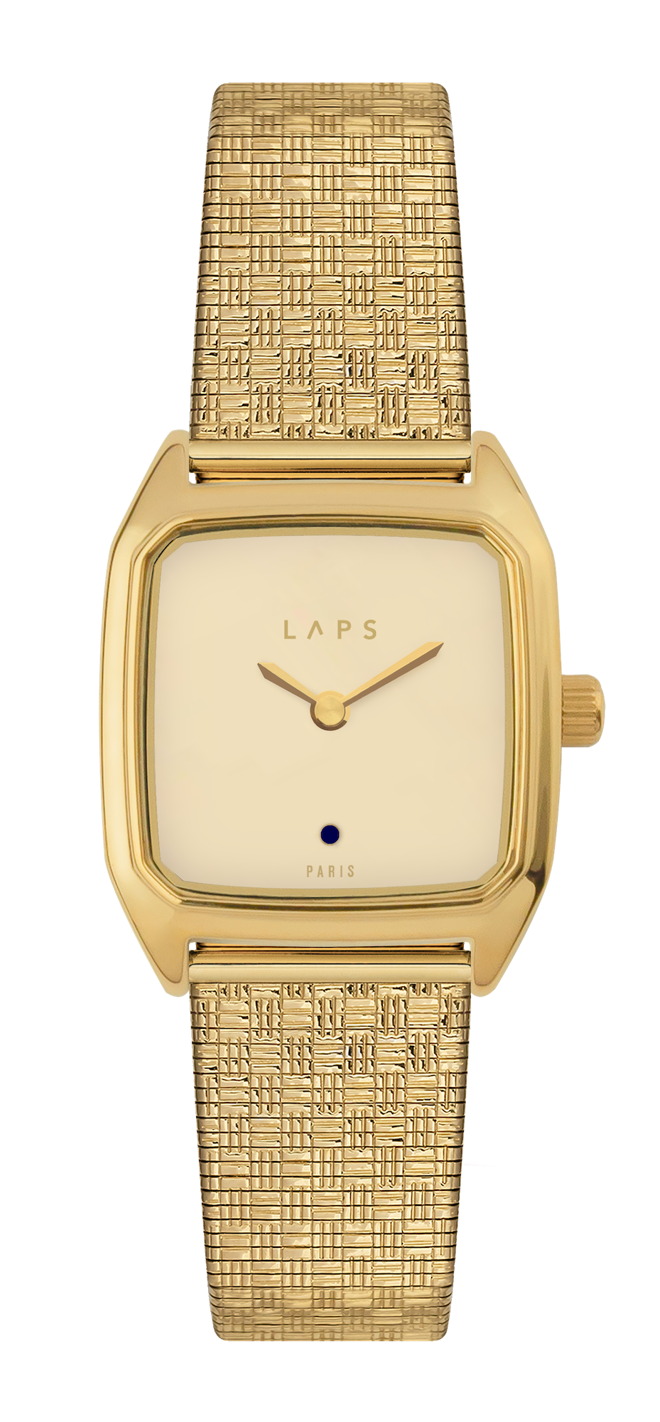 Montre LAPS Oria dorée à cadran laqué couleur ivoire et bracelet en maille damier dorée