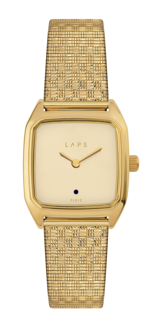 Montre LAPS Oria dorée à cadran laqué couleur ivoire et bracelet en maille damier dorée