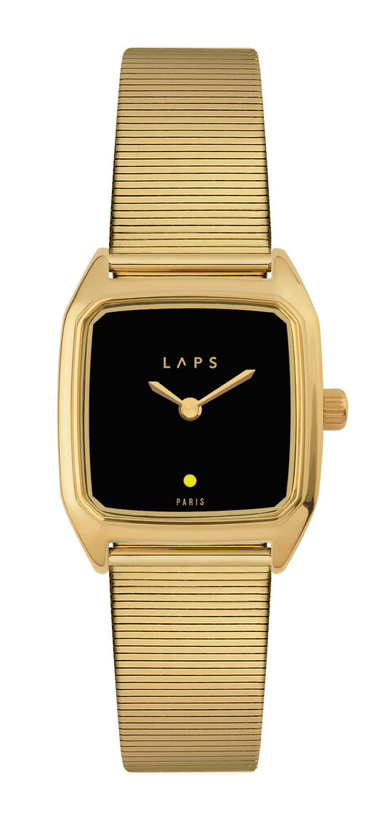 Montre LAPS Oria dorée à cadran laqué couleur noir et bracelet en maille