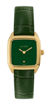 Montre LAPS Oria dorée à cadran laqué couleur vert et bracelet en cuir croco vert
