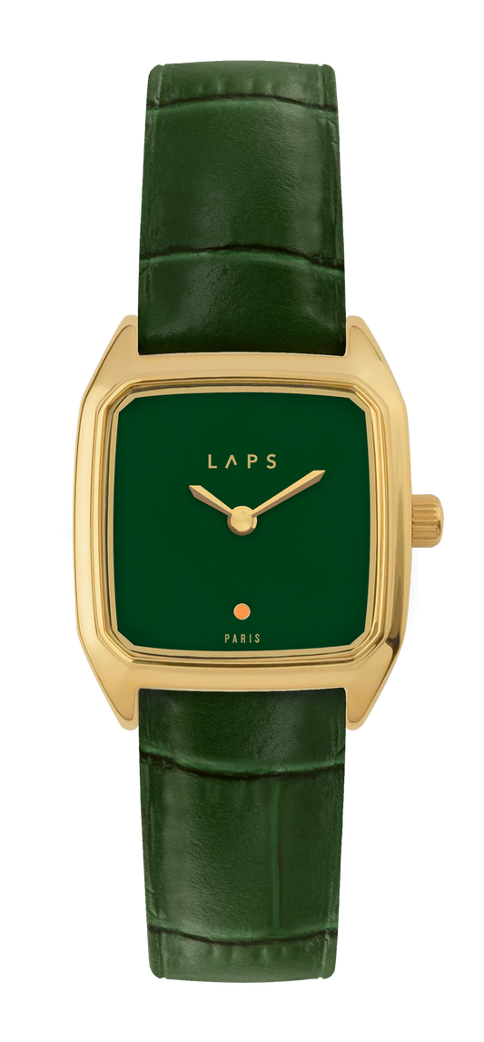 Montre LAPS Oria dorée à cadran laqué couleur vert et bracelet en cuir croco vert
