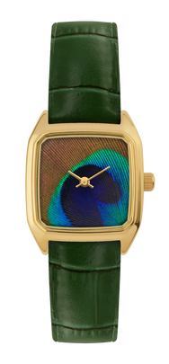 Montre LAPS dorée à cadran plume de paon et bracelet en cuir croco vert