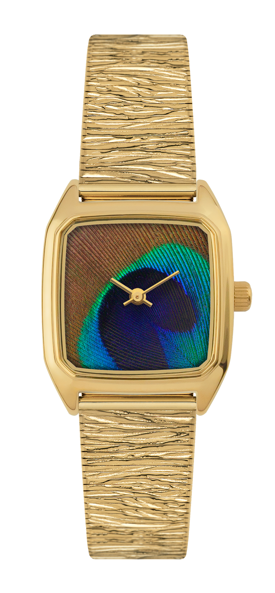 Montre LAPS dorée à cadran plume de paon et bracelet maille dorée plissé