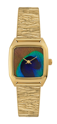 Montre LAPS dorée à cadran plume de paon et bracelet maille dorée plissé