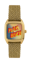Montre LAPS Paris Beach dorée, cadran carré tirage d'art, bracelet en perlon doré