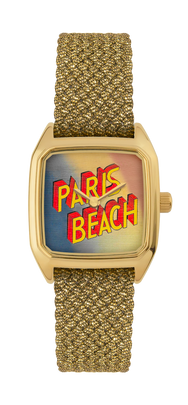 Montre LAPS Paris Beach dorée, cadran carré tirage d'art, bracelet en perlon doré