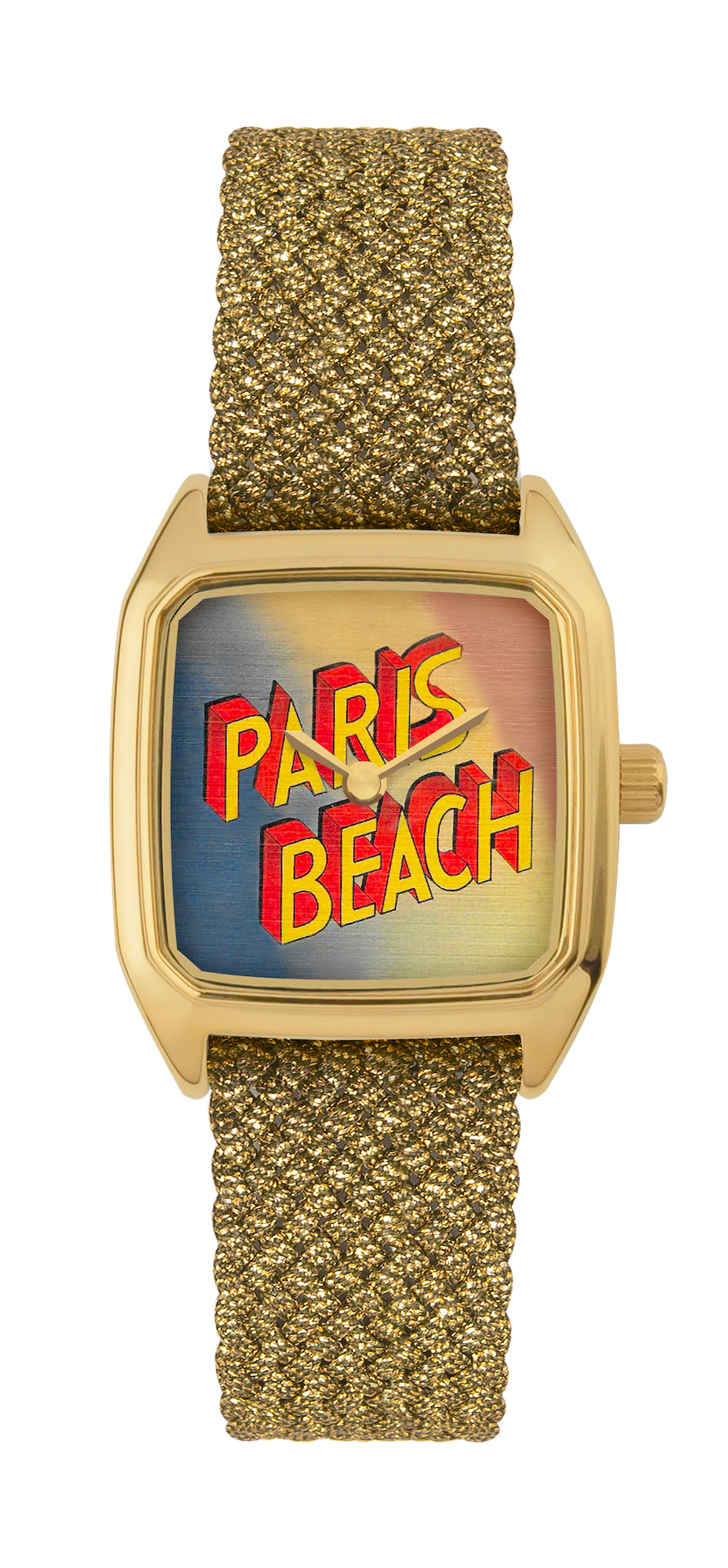 Montre LAPS Paris Beach dorée, cadran carré tirage d'art, bracelet en perlon doré
