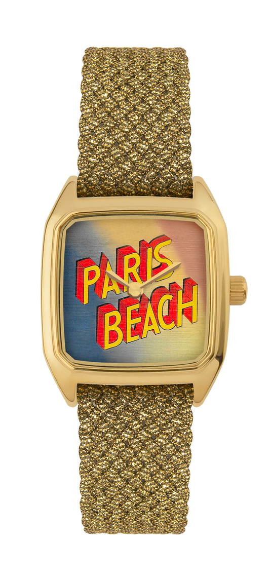 Montre LAPS Paris Beach dorée, cadran carré tirage d'art, bracelet en perlon doré