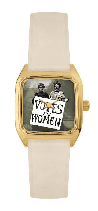 Montre LAPS Suffragettes dorée, cadran tirage d'art, bracelet en cuir crème