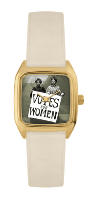Montre LAPS Suffragettes dorée, cadran tirage d'art, bracelet en cuir crème