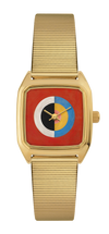 Montre LAPS Swan dorée, cadran carré tirage d'art, bracelet en maille dorée