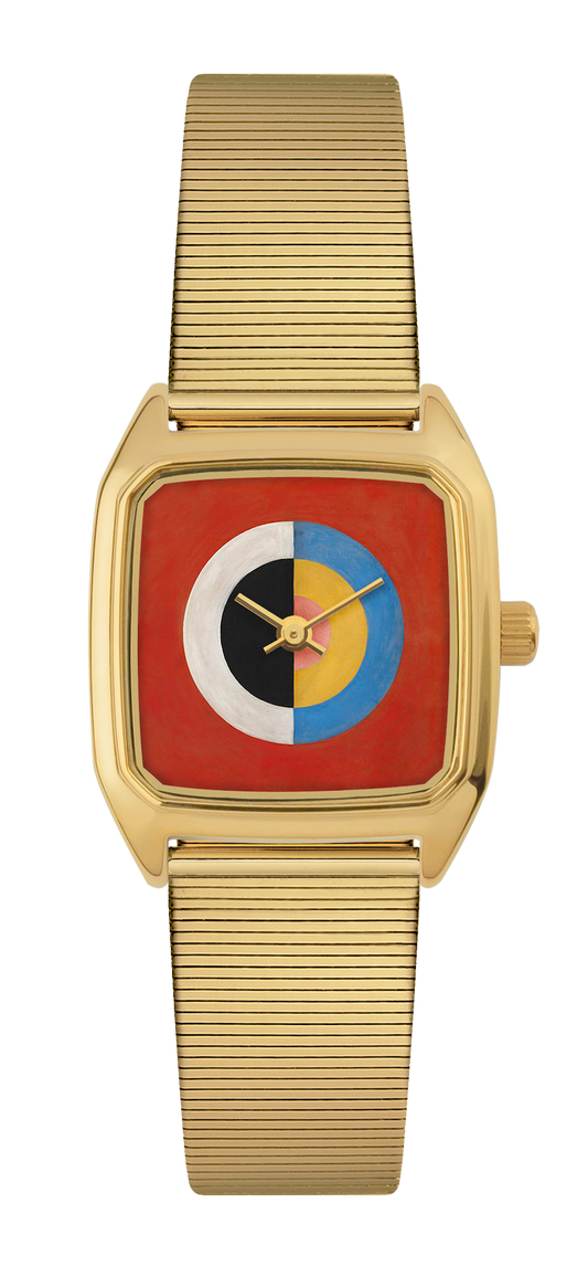 Montre LAPS Swan dorée, cadran carré tirage d'art, bracelet en maille dorée