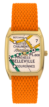 Montre LAPS dorée, cadran tirage d'art Métro Belleville et bracelet en perlon orange