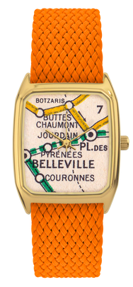 Montre LAPS dorée, cadran tirage d'art Métro Belleville et bracelet en perlon orange