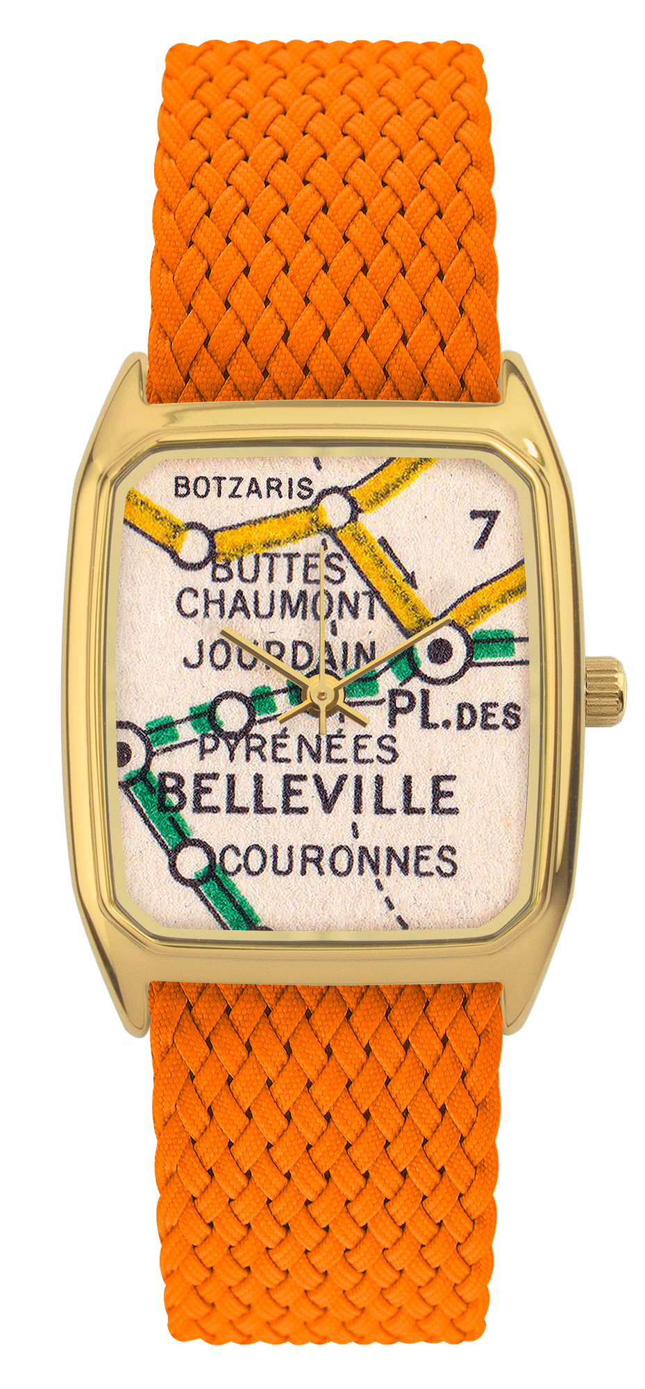 Montre LAPS dorée, cadran tirage d'art Métro Belleville et bracelet en perlon orange
