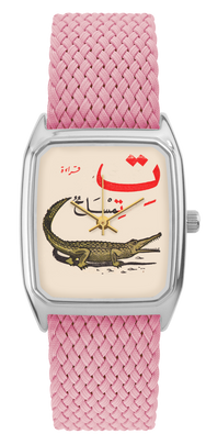 Montre LAPS argentée, cadran tirage d'art Croco et bracelet en perlon rose