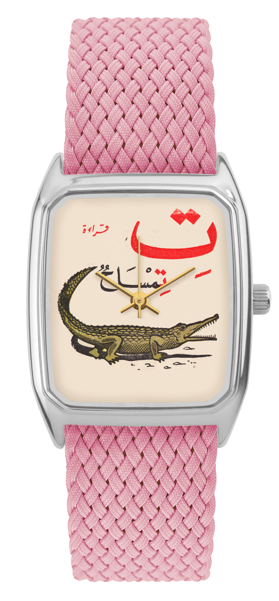Montre LAPS argentée, cadran tirage d'art Croco et bracelet en perlon rose