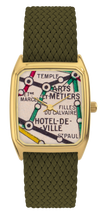 Montre LAPS dorée, cadran tirage d'art Métro le Marais et bracelet en perlon olive