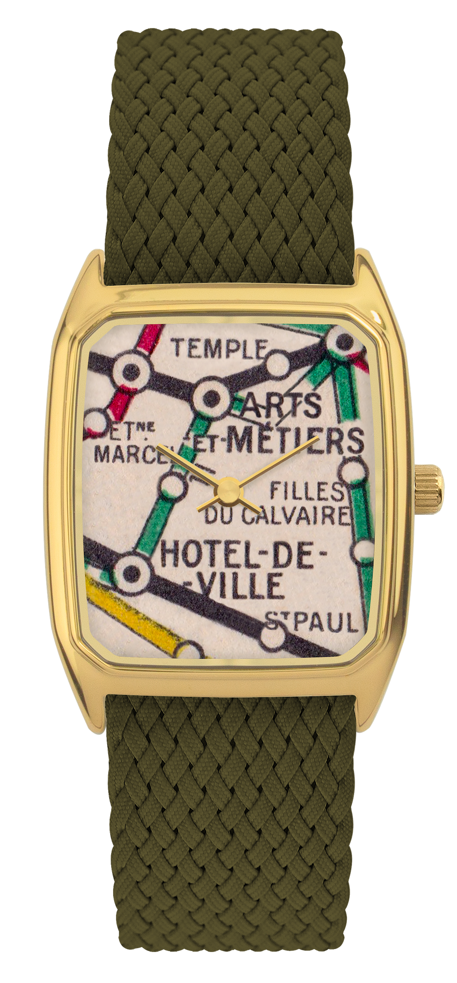 Montre LAPS dorée, cadran tirage d'art Métro le Marais et bracelet en perlon olive