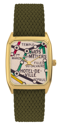 Montre LAPS dorée, cadran tirage d'art Métro le Marais et bracelet en perlon olive
