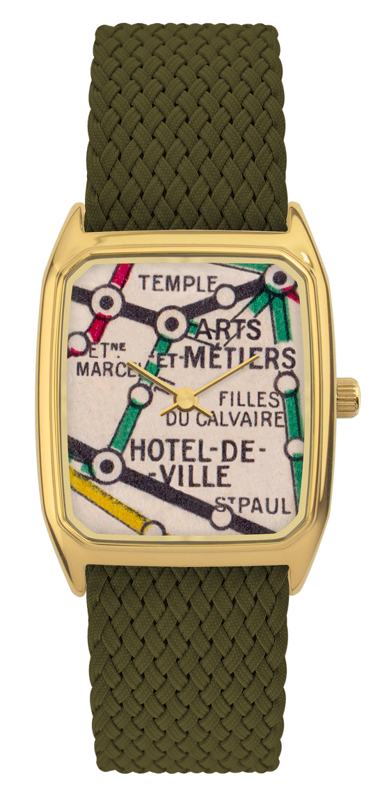 Montre LAPS dorée, cadran tirage d'art Métro le Marais et bracelet en perlon olive
