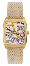 Montre LAPS dorée, cadran tirage d'art Métro Palais Royal et bracelet en perlon beige