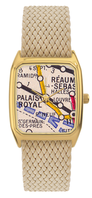 Montre LAPS dorée, cadran tirage d'art Métro Palais Royal et bracelet en perlon beige