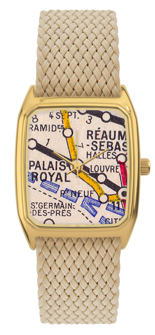 Montre LAPS dorée, cadran tirage d'art Métro Palais Royal et bracelet en perlon beige